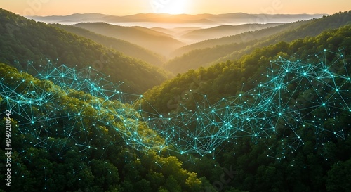 Lush green hills and valleys are networked with digital lines under a warm, rising sun