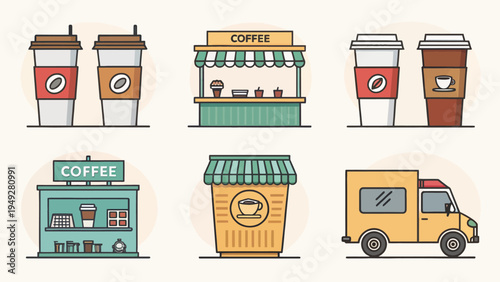 Coffee takeaway service vector icons with cups trucks and shops for beverage business