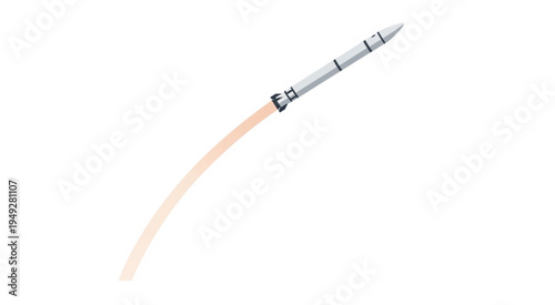 Rocket Launch with Fiery Trail Against White Background.