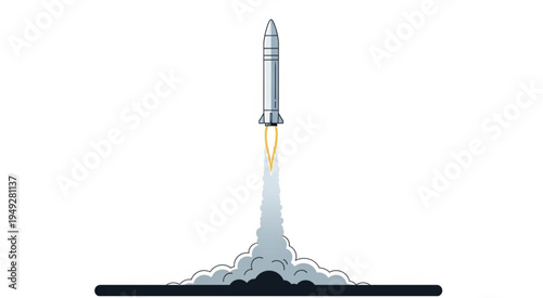 Rocket Launching into Space with Smoke and Fire.