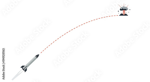 Rocket Launching Towards Person Wearing VR Headset with Dotted Trajectory.