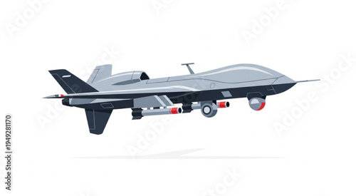 Gray Military Drone with Missiles and Camera Pod.