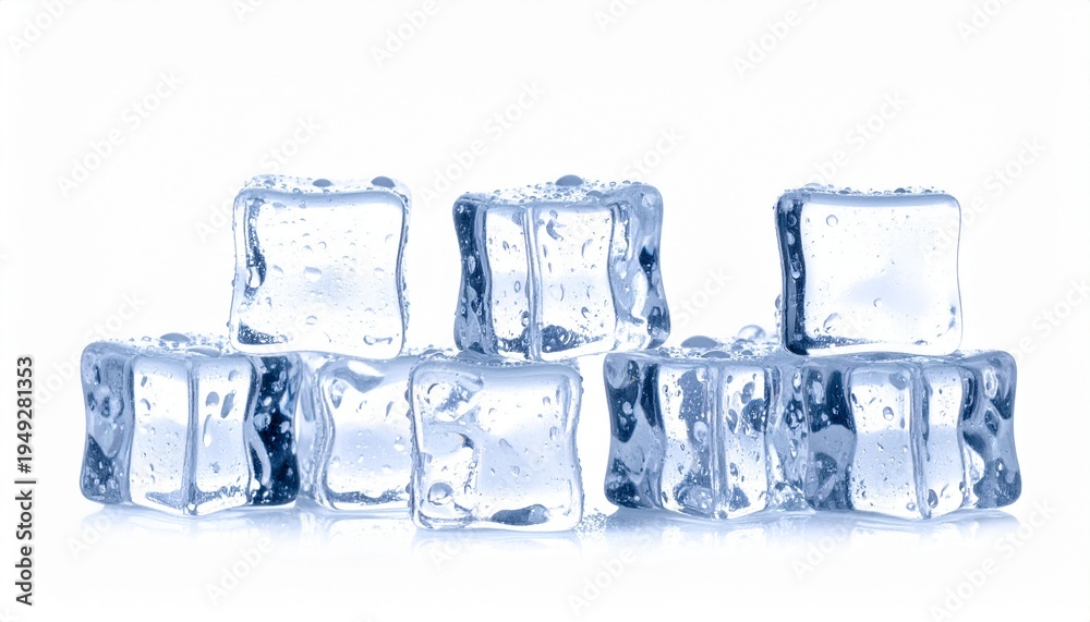 Obraz premium realistic photo of transparent ice cubes stacked together isolated on pure white background, macro photography, sharp detail, 8k