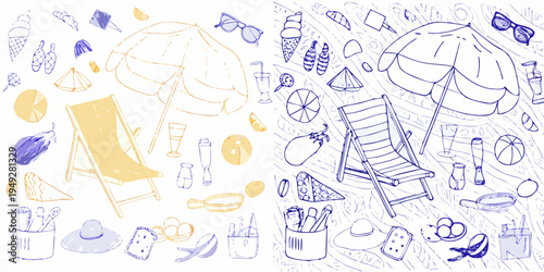 Summer doodles beach umbrellas chairs and treats in blue and yellow