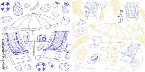 A collection of hand drawn beach elements and summer vacation objects