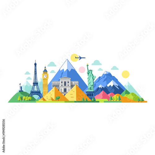 Famous Landmarks Collage: Eiffel Tower, Big Ben, Pyramids, Statue of Liberty & Mountains