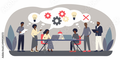 Diverse team collaborates brainstorming ideas and problem solving in a modern office