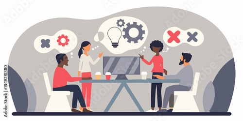 Team members collaborating on ideas and problem solving around a computer