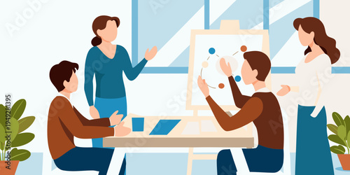 Team collaboration and brainstorming session with a diagram on a whiteboard