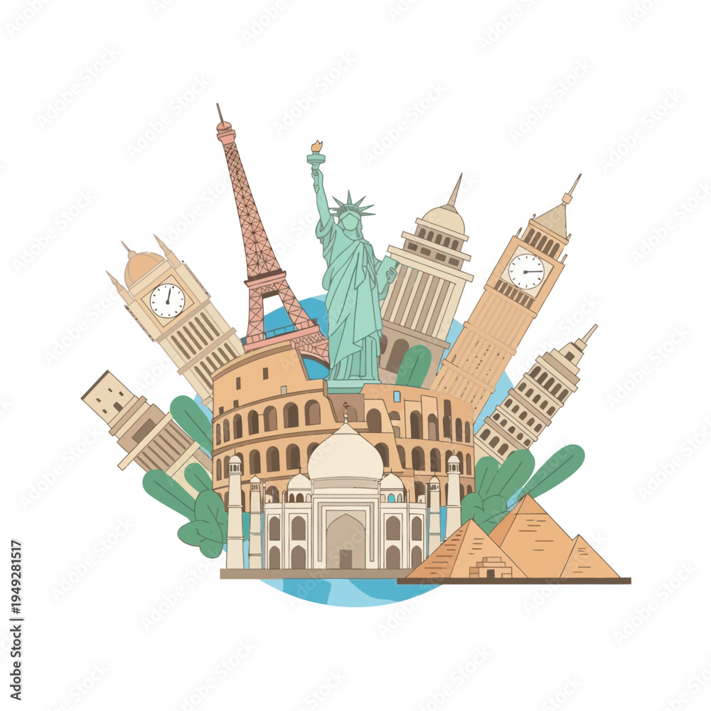 Naklejka premium Famous Landmarks Collage: Travel Around the World Collection