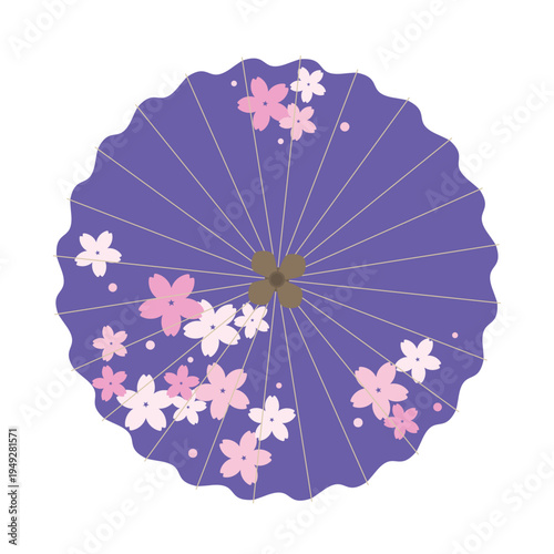 桜模様の番傘の俯瞰イラスト・白背景の和風フラットベクターデザイン｜春の日本文化モチーフ