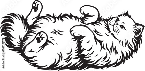 Persian Cat Rolling On Back Relaxed Black and White Line Art Illustration