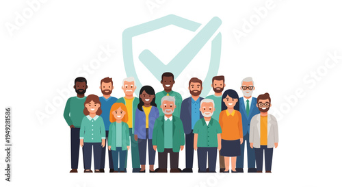 Diverse Group of People with Checkmark Symbol Illustrating Approval, Success, and Community Consensus