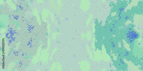 Abstract aerial view with blue clusters over a green and teal landscape