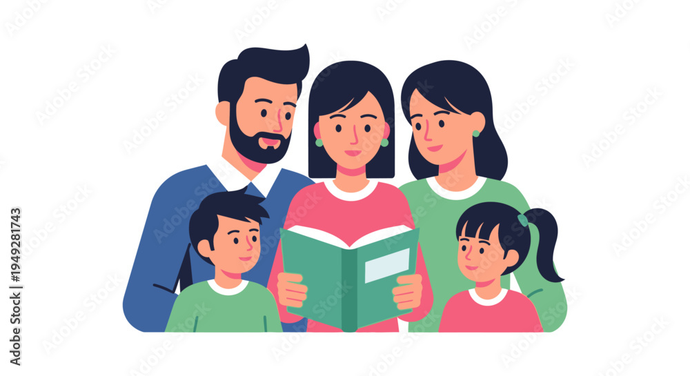 Fototapeta premium Family Reading Together: Parents and Children Enjoying Story Time and Learning at Home.