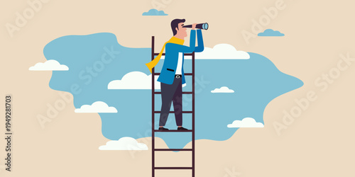 Man on ladder using telescope to look into a bright blue distance