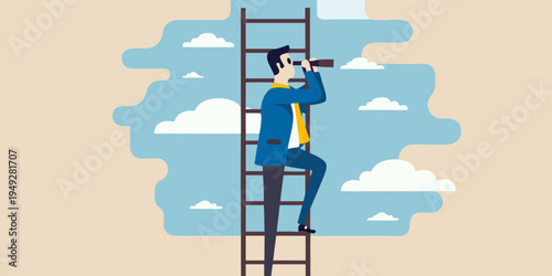 Man climbs a ladder while looking through binoculars at the sky