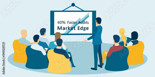 A presenter delivers a market edge presentation to a seated audience