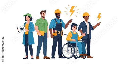 Diverse Workforce Team: Engineers, Tradespeople, and Innovators Pointing to Future Tech & Energy