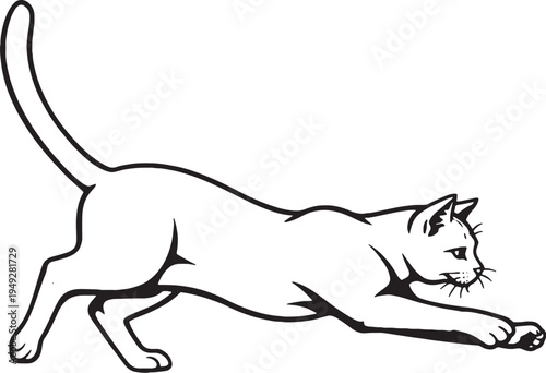 Domestic Short Hair Cat Pouncing Hunting Black and White Line Art Illustration