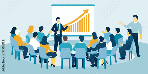 A business presentation is underway with a speaker and engaged audience