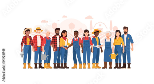 Diverse Group of Farmers and Gardeners Standing United on a Rural Farm Background, Illustrating Agricultural Community and Collaboration