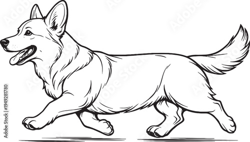 Corgi Running Short Stride Pose Black and White Illustration