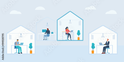 People working remotely in individual house shaped workspaces