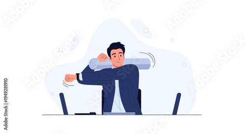 Businessman stretching arms at desk with laptops, promoting wellness and productivity