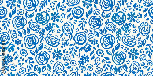 Blue floral pattern with stylized roses and delicate botanical elements