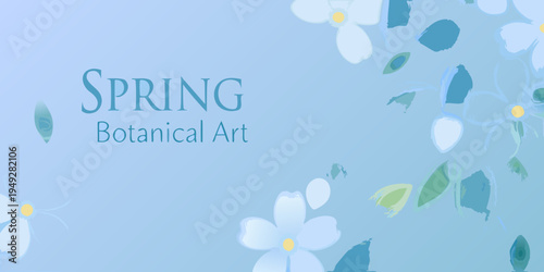 Spring botanical art with delicate white blossoms and soft blue hues