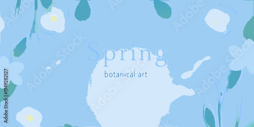 A light blue background with white floral illustrations and the word spring