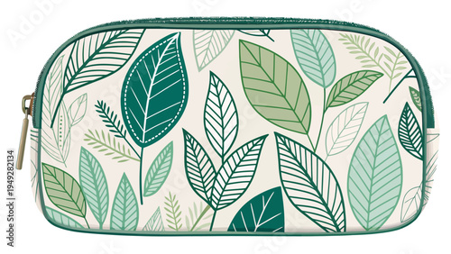 Botanical patterned cosmetic case vector featuring green leaves on white background with zipper