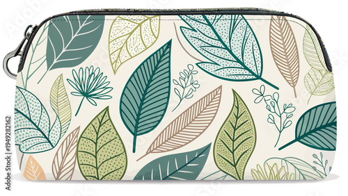 Botanical patterned cosmetic case vector featuring colorful leaves on cream background for makeup or travel essentials