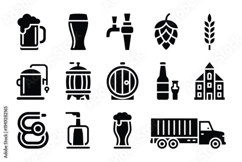 Beer Brewing Industry Line Icons Featuring Mug Hops Barrel Bottle and Delivery Vehicle