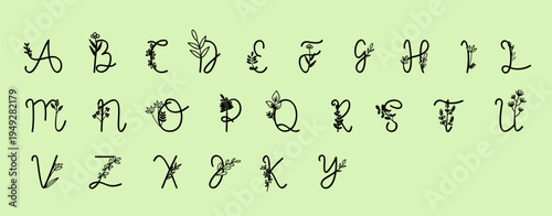 Floral cursive alphabet vector set. Elegant hand-drawn uppercase letters with botanical ornaments, leaves, and flowers on a green background. Creative typography for wedding and nature designs