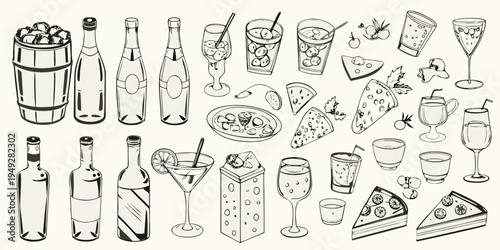 A collection of hand drawn beverages desserts and party elements
