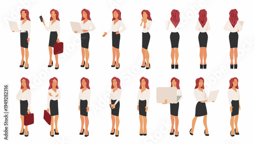 Diverse poses of a businesswoman with red hair in professional attire