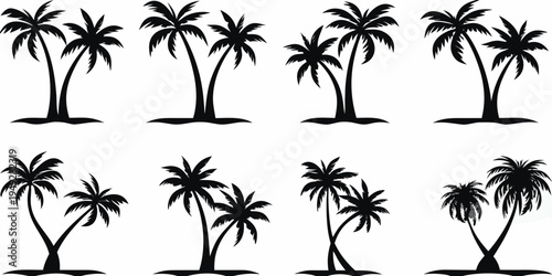 Silhouetted palm trees in varying shapes and sizes against a white background