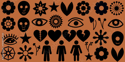 Collection of abstract black symbols including faces eyes and floral motifs