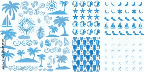 Tropical themed illustrations palm trees suns sailboats and ocean elements