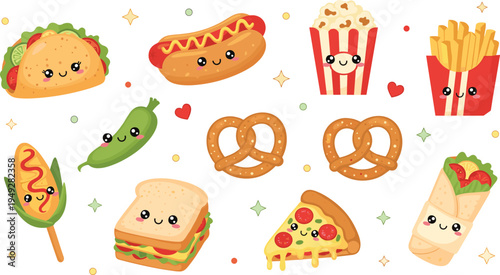 Cute Kawaii Fast Food Icon Set Featuring Taco, Hot Dog, Popcorn, French Fries, Pretzel, Sandwich, Pizza Slice, Burrito, and Street Food Snacks.