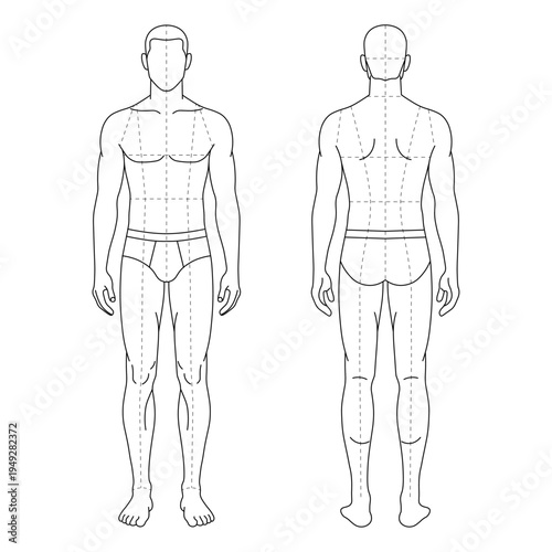 Male Body Template Front Back Views Fashion Design and Medical Vector Mockup