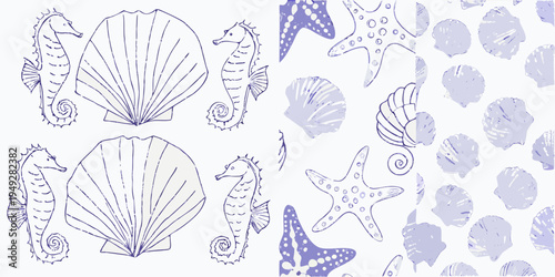 Delicate blue line art pattern featuring seahorses shells and starfish