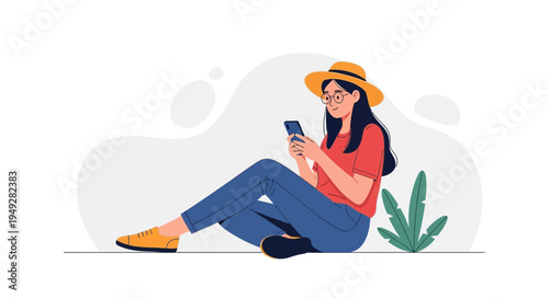 Young woman in hat using smartphone, sitting on grass, relaxed lifestyle illustration