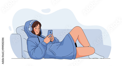 Young woman in hoodie listening to music on phone while relaxing on sofa