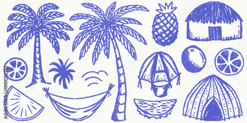 Blue line drawing of tropical elements palm trees fruit and huts