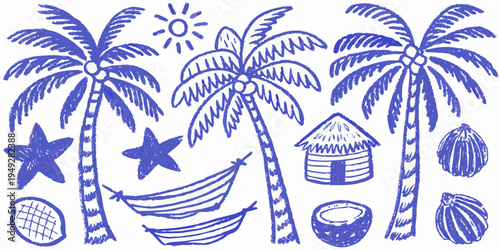 Blue crayon drawing of tropical scene with palm trees and a hut