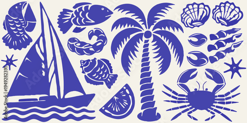 Nautical themed blue and white illustration with sailboat and sea life