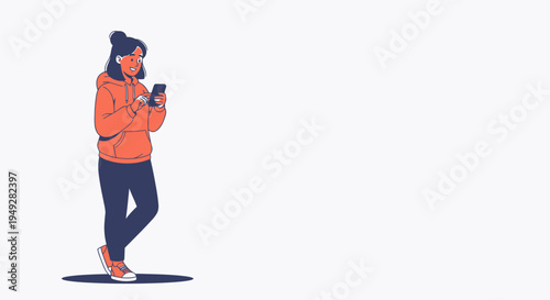 Young Woman in Hoodie Listening to Music on Phone, Casual Style, White Background